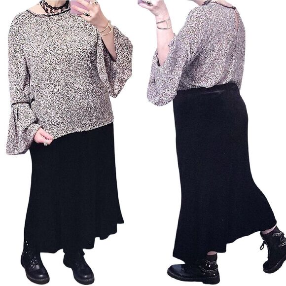 LOFT Pink Black Floral Crochet Trim Long Bell Sleeves Boho Blouse Large - Picture 9 of 13